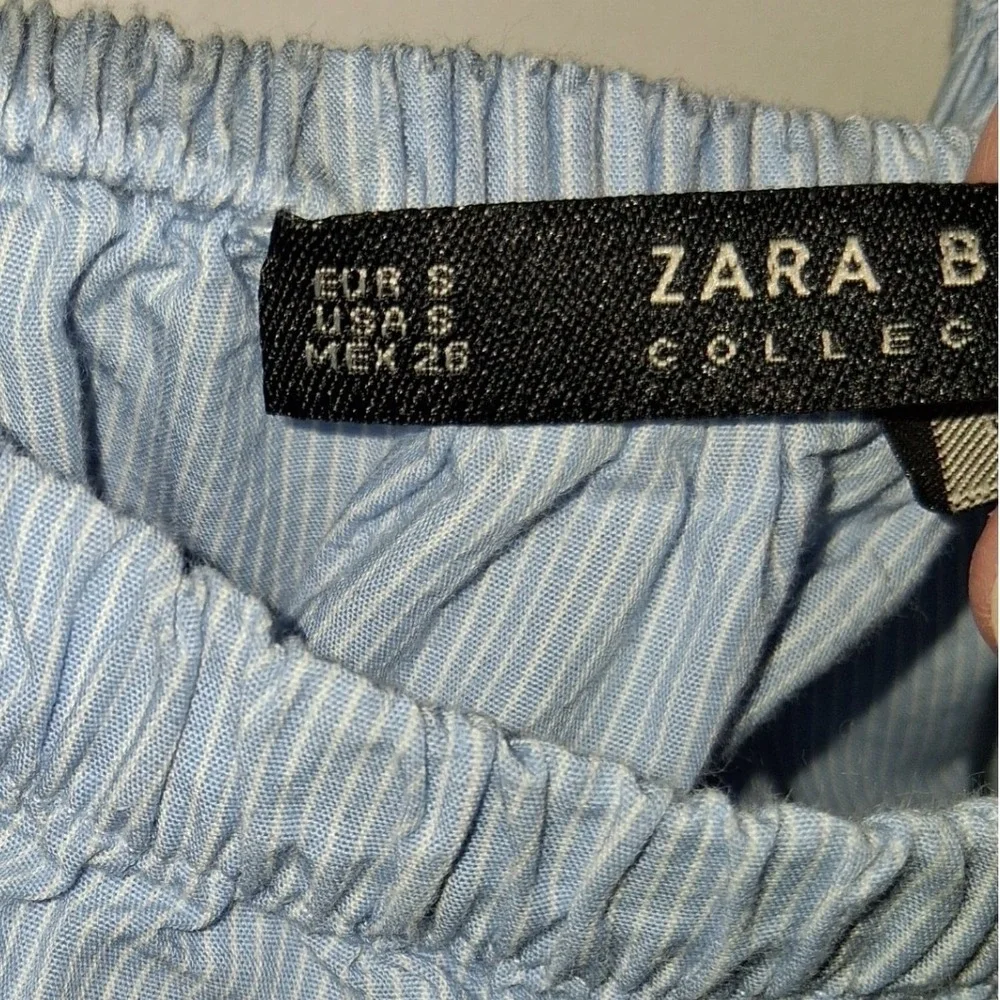 Zara Basic Blue Pinstripe Off Shoulder Embroidered Puff Sleeve Blouse Small